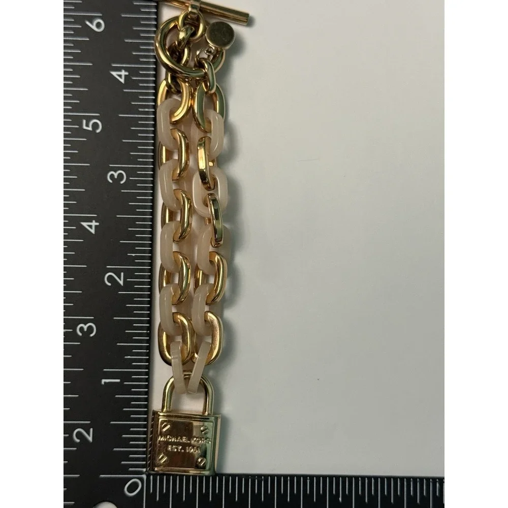 Michael Kors Gold Padlock Charm Toggle Bracelet Pink Acetate Chunky Chain Unique
